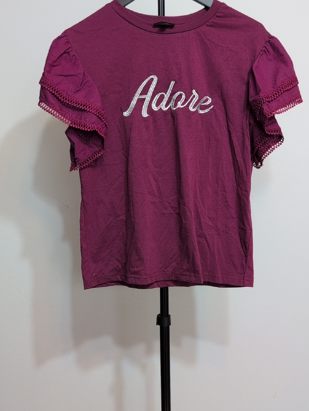 Adore Short Sleeve Ruffle Tee in Deep Magenta
